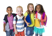 Young kids with backpacks and books smiling 